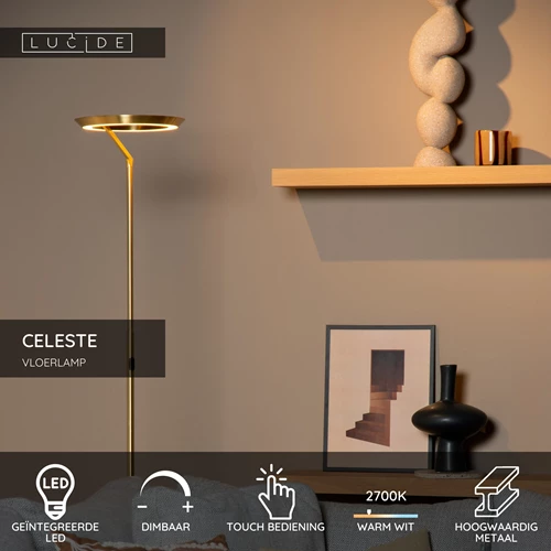 Lucide CELESTE - Vloerlamp - Ø 28 cm - LED Dimb. - 1x21W 2700K - Mat Goud / Messing - USP